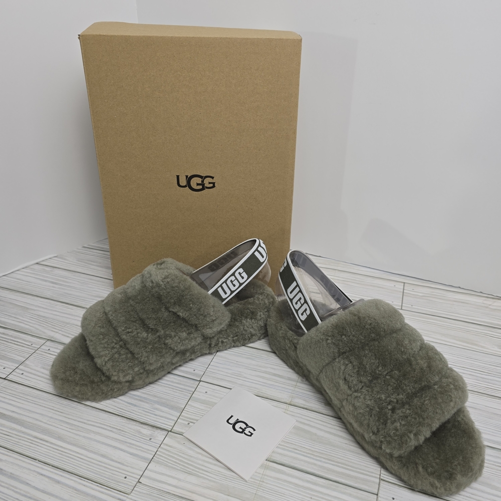 UGG Fluff Yeah Genuine Shearling Olive Green Slides Slippers Size 7 NEW